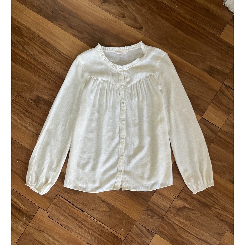 LC Lauren Conrad Cream Floral Ruffle Neck Button Front Blouse Medium Cottagecore